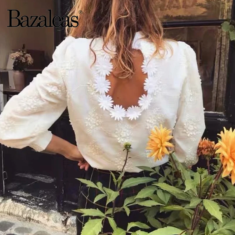 Женская кружевная блузка Bazaleas элегантная ажурная белого цвета с открытой спиной