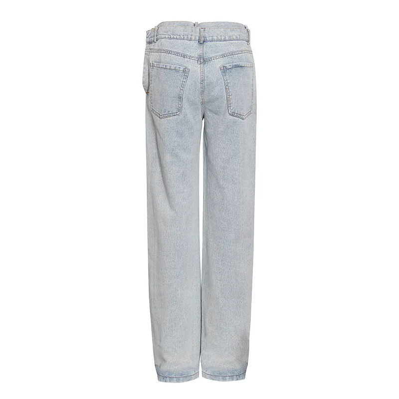 

CHICEVER Solid Denim Trousers For Female High Waist Irregular Design Loose Women's Casual Wide Leg Pants 2021 Spring Fashion New