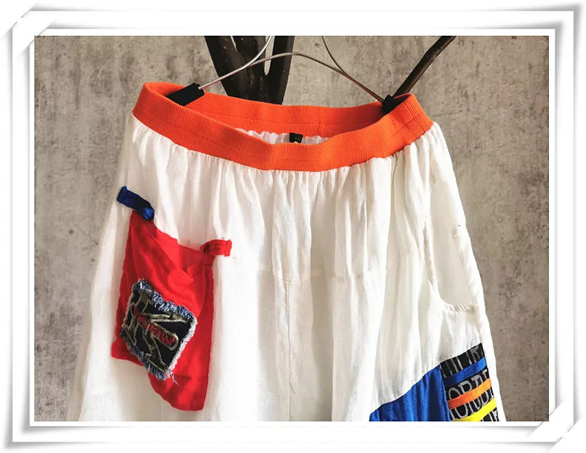 

LYUZHE Vintage Summer Patchwork Women Cross-pants 2021 Elastic Waist Female Full Length Pants Spliced Trousers White QDY088