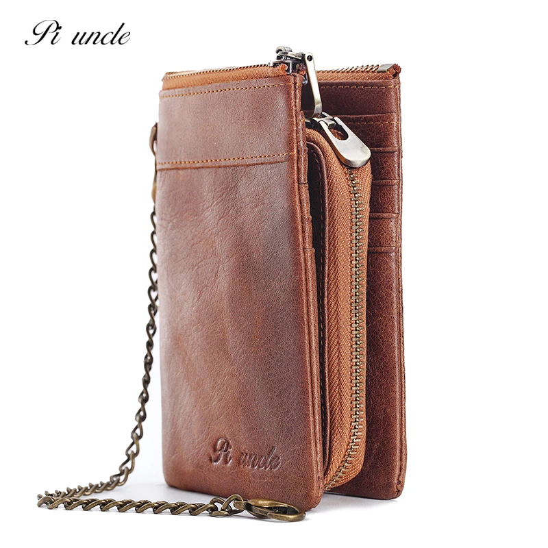 Мужской кошелек Rfid из натуральной кожи маленький винтажный с цепочкой на молнии