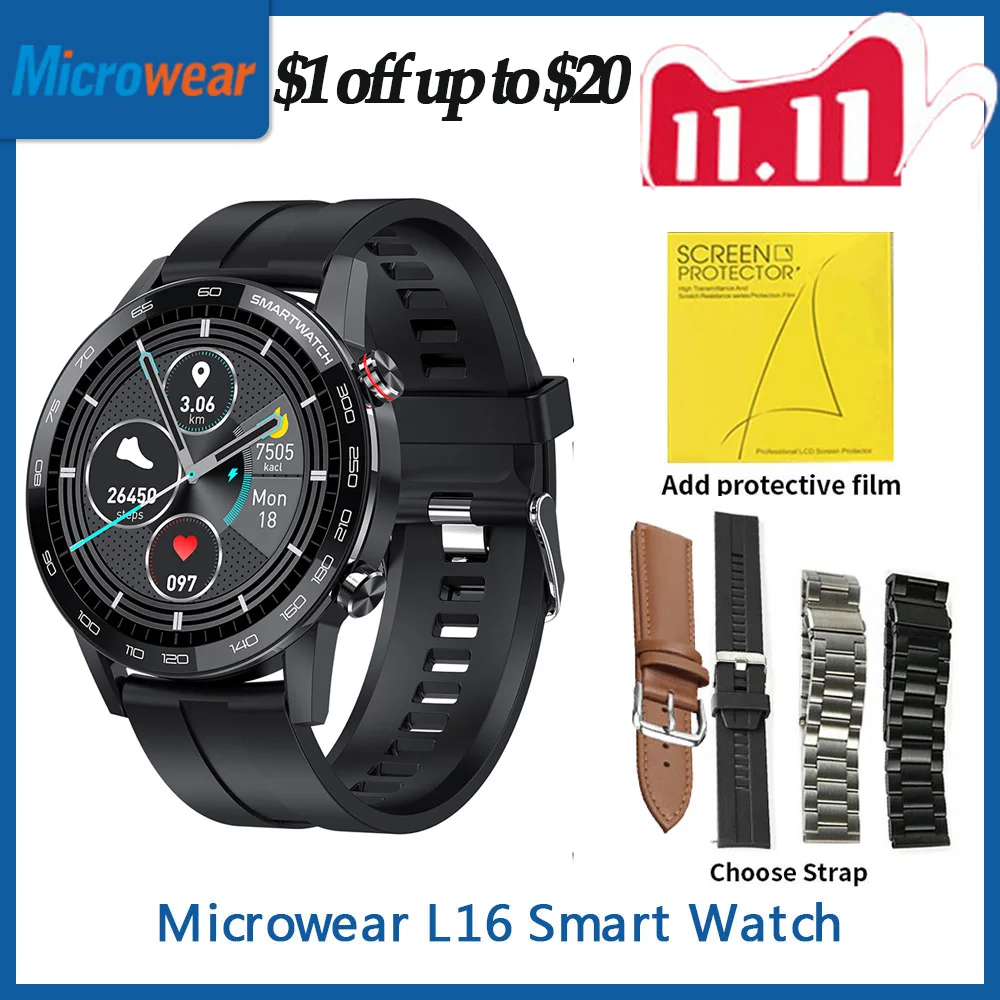 

Смарт-часы Microwear L16, 360 х360ips, ЭКГ, артериальное давление, фитнес-часы, водозащита IP68, BT, Смарт-часы для Huwei