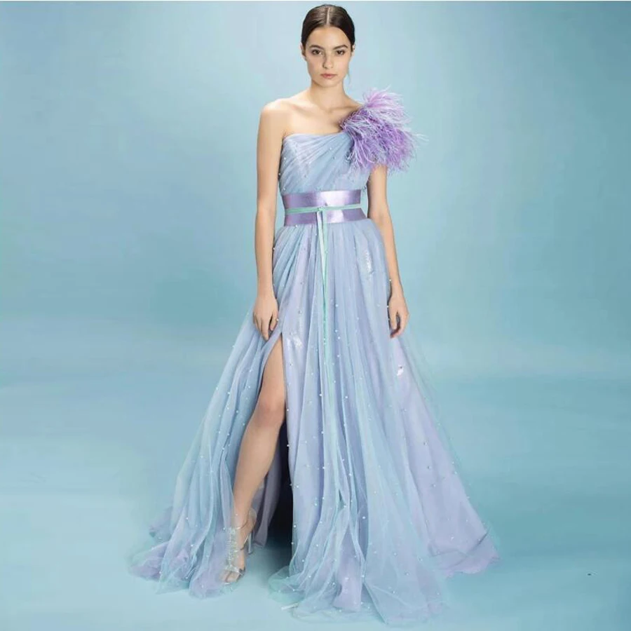 

New Trend Mix Color Side Split Tulle Bridal Dresses Pearls Feather A-line Long Women Dresses New Year Party One Shoulder