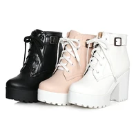 ladies square high heel boots lace up platform buckle low ankle boots white 2021 large size thick heel lace up boots fur boots
