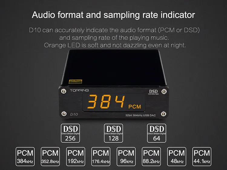 Усилитель звука Topping D10 PCM384 и DSD256 USB DAC ES9018K2M XMOS XU208 OPA2134 линейный выход оптический