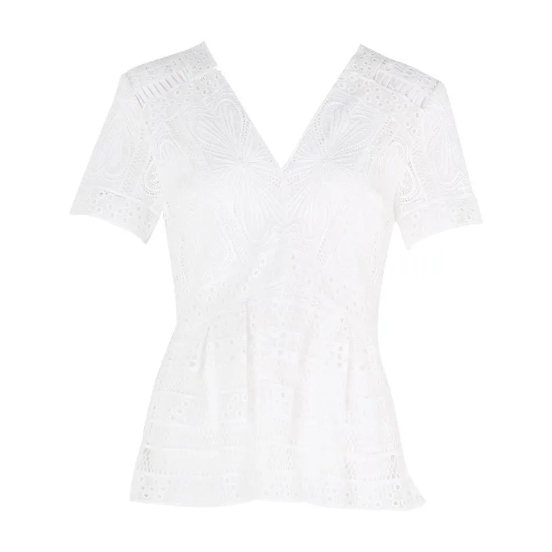 

GALCAUR Casual White Women's Blouses V Neck Short Sleeve Hollow Out Patchwork Hollow Out Shirts Female Fashion 2020 Summer Tide