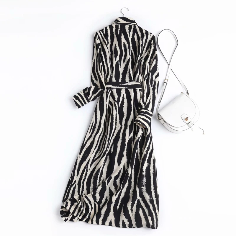 

DOUJILI 2021 Fashion Women Black Zebra Dress Square Collar Long Sleeve With Belt Ladies Elegant Midi Dress For Lady