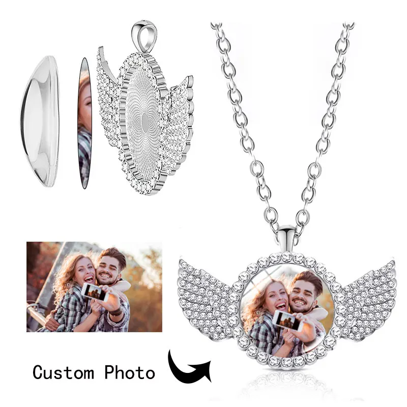 

Personalized photo custom name necklace female with wings crystal glass pendant couple gift double-sided love friendship jewelry
