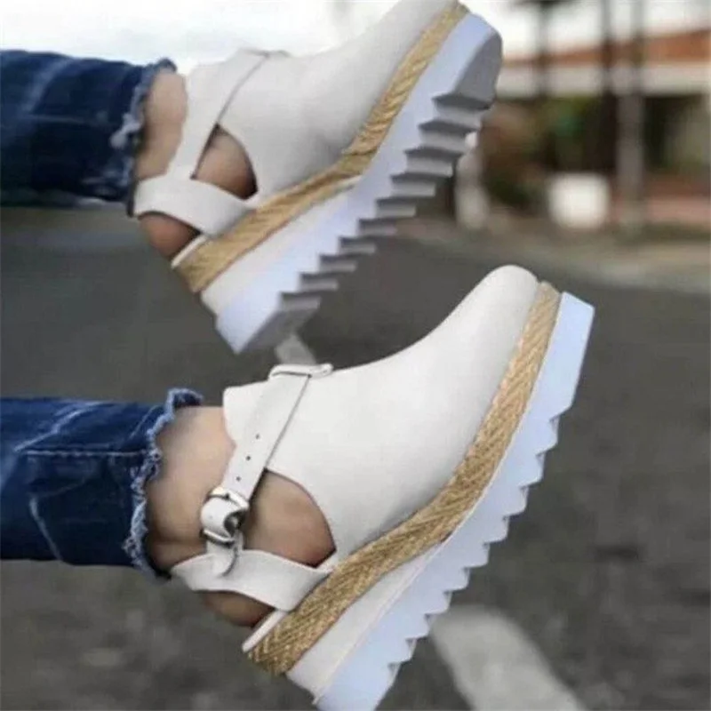 

Women Sandals Flock Platform Wedges Heel Thick Sole Round Toe Ankle Strap Summer Casual Fashion Ladies Shoes Zapatos De Mujer