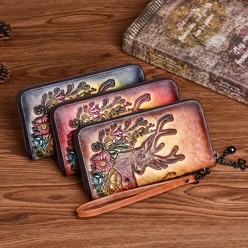 

YourSeason Ladies Hand Painted Embossed Wallets 2021 Genuine Leather Female Card Holder Long Zipper Cowhide Phone Purse