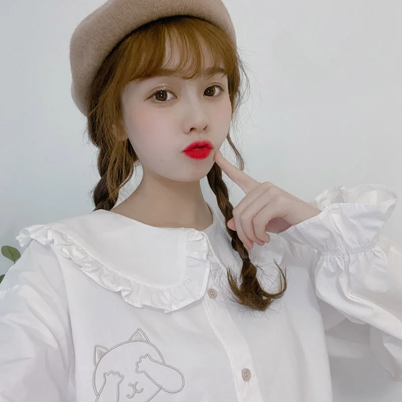 

Japanese Cute Student Sweet Girl Shirts Top Cartoon Pattern Embroidered Shirt Women Summer Loose Doll Collar Lace Hem Wild Shirt