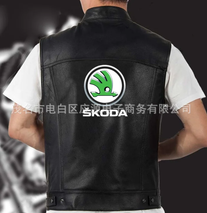 

2021 NEW Motorcycle Leather Vest Men SKODA Spring New Fashion Punk Sleeveless Jacket V Neck Plus Size Waistcoats