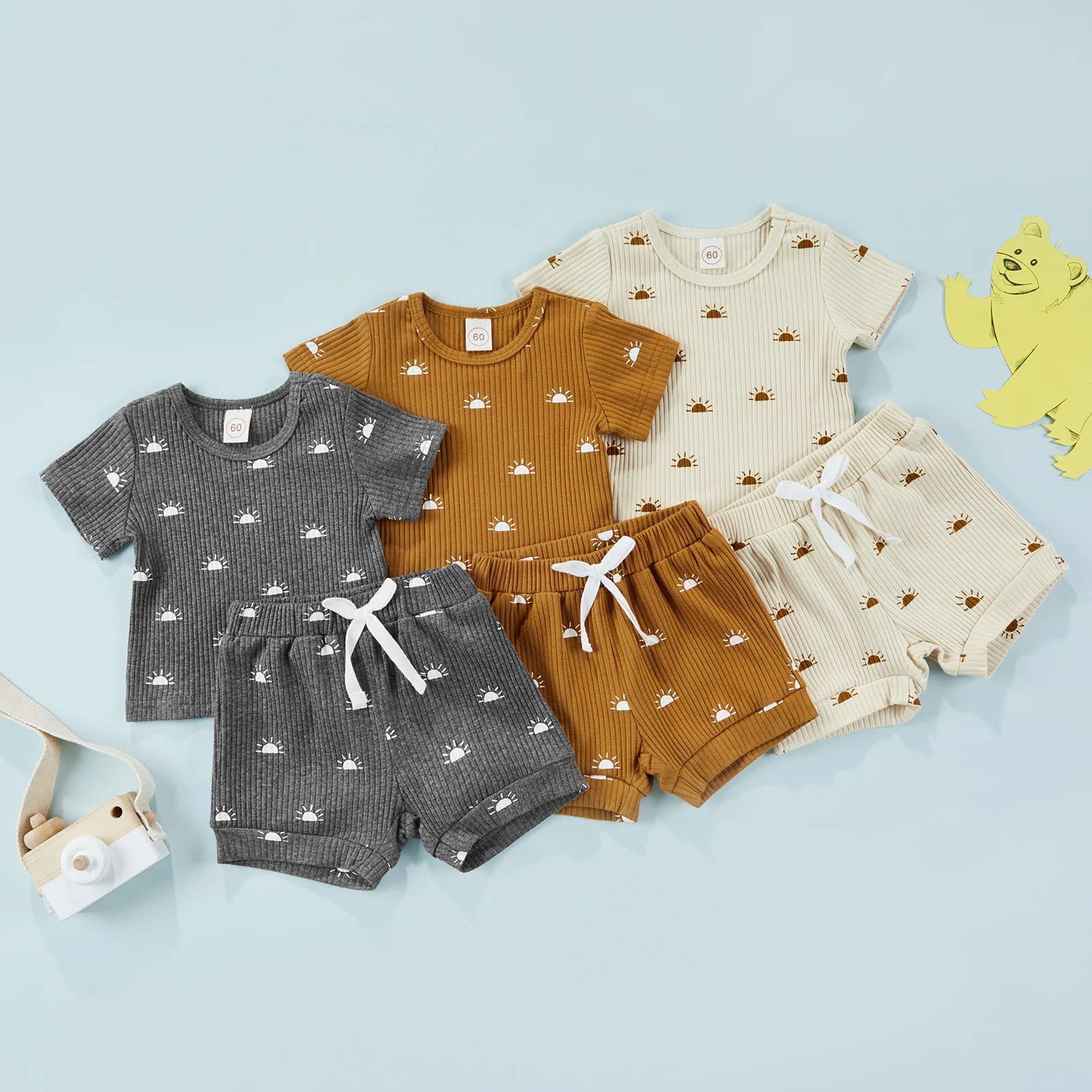 

0-18 Months Baby Boy Girl Summer Outfits Short Sleeve Sun Printed Ribbed Knitted T-Shirt Tops Drawstring Short Pants