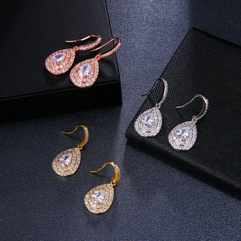 

SLBRIDAL Trendy Bijoux Anti-allergic Girl Fashion Cubic Zircon Earring WaterDrop CZ Earring Women Dangle Bridal Wedding Earring