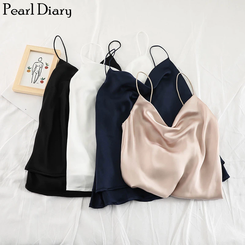 

Pearl Diary Women Silk Satin Spaghetti Cami Top Office Lady Drapey Cowl Neck Smooth Satin Solid Camisole Elegant Fashion Camis