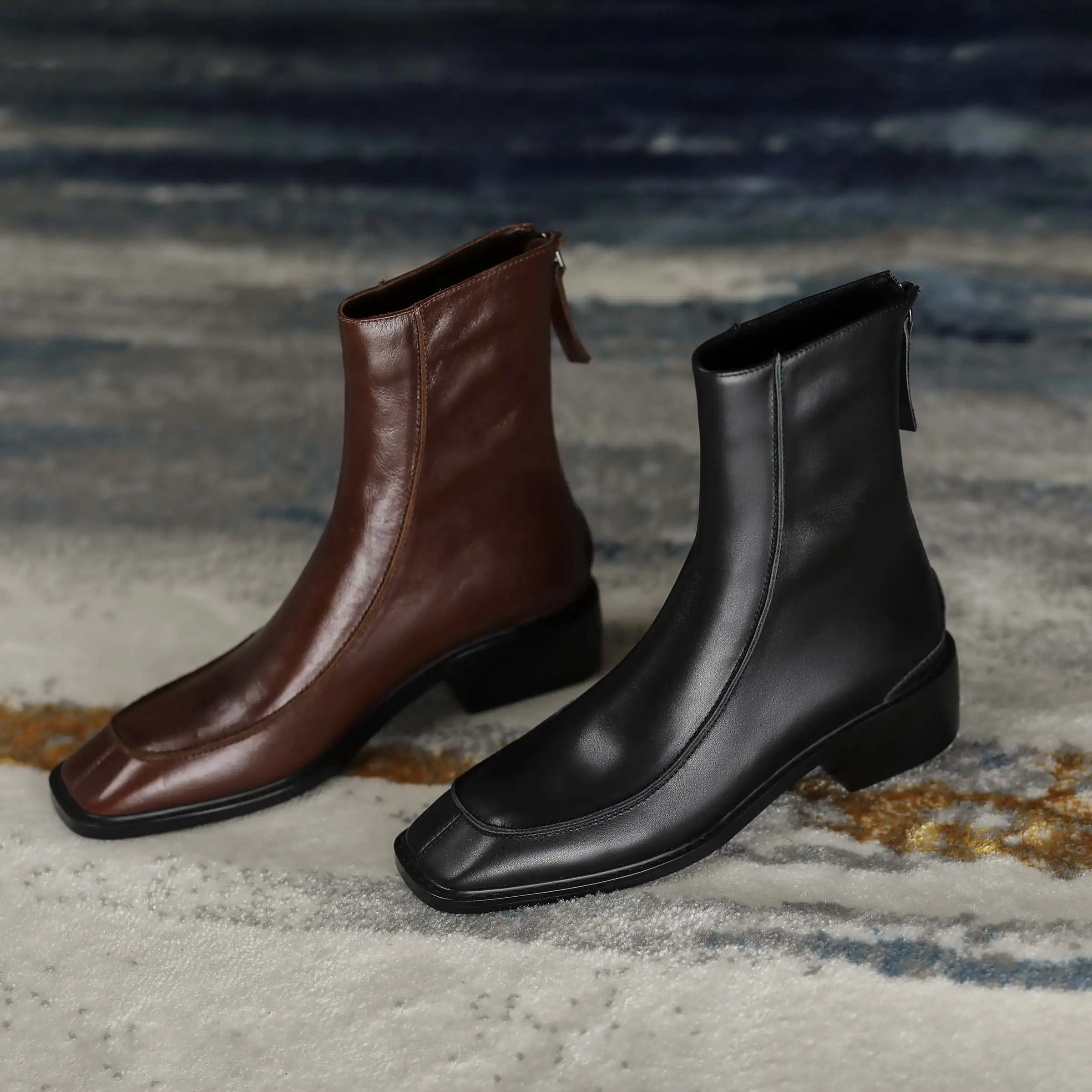 

Krazing pot Chelsea boots natural leather vintage square toe thick med heel zipper pretty girls daily wear noble ankle boots L45
