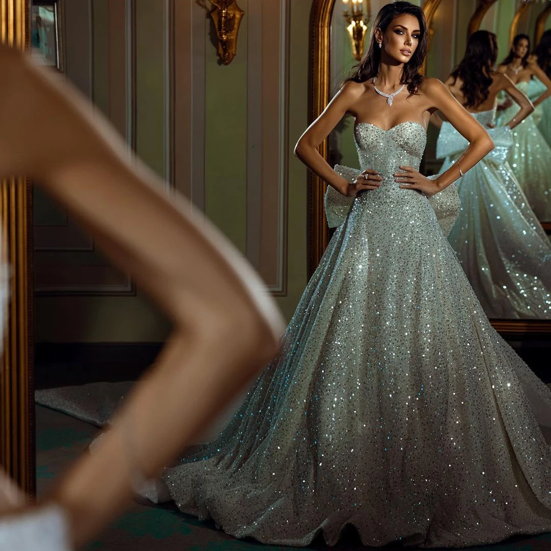 

Sparkly Evening Dress Strapless Wedding Dress Sequins Elegant Dresses For Women Backless Bridal Dress With Long Train Plus Size