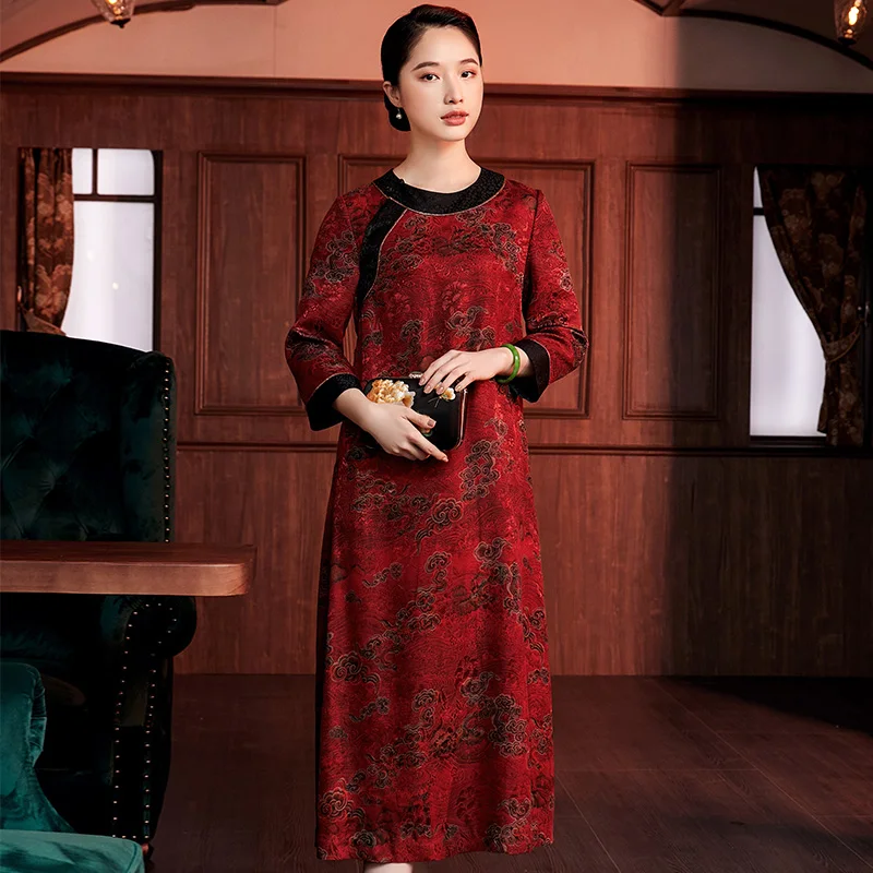 

Женское длинное платье-Ципао из газовой ткани, с принтом китайских цветов, осень 2020