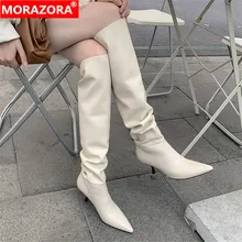 MORAZORA 2021 Size 33-43 Genuine Leather women boots stiletto heels pointed toe ladies shoes winter solid color knee high boots