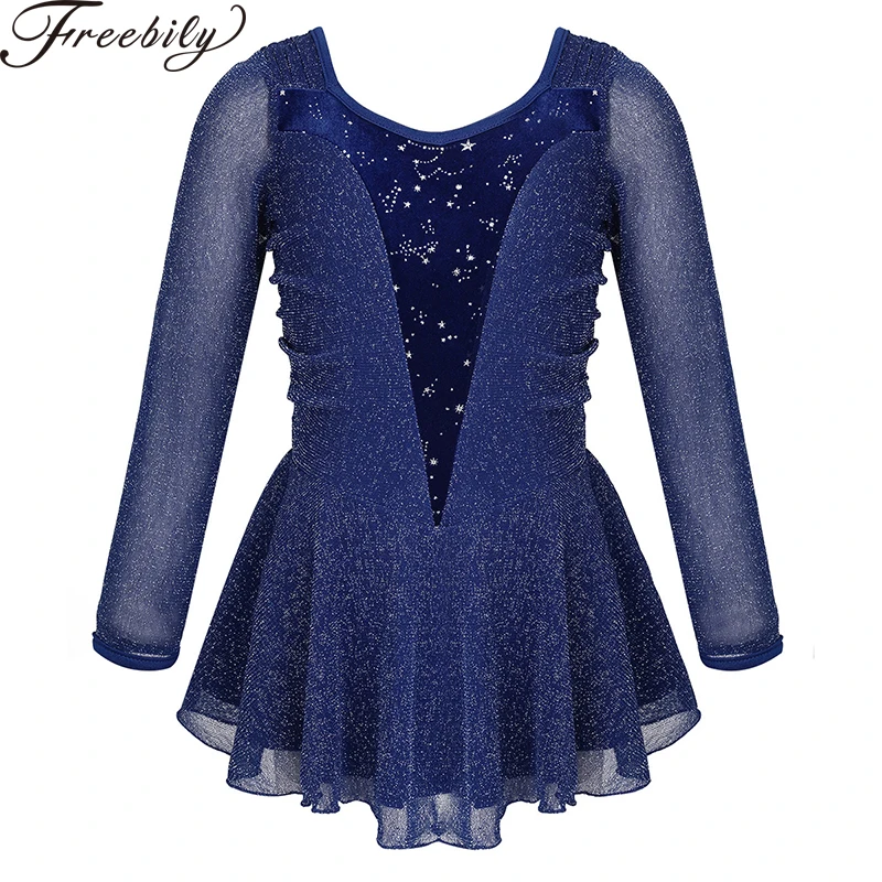

New Girls Silver Glitters Velvet Splice Figure Skating Dress Ballet Dancewear Gymnastics Leotard Competition Performance Costume