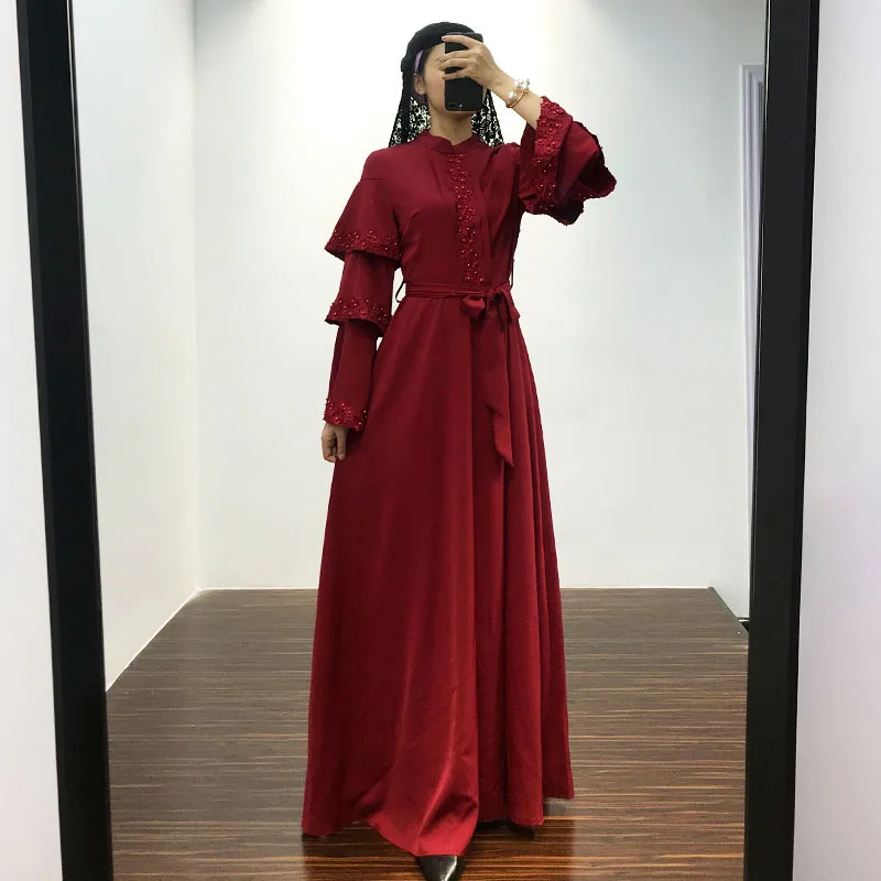 red Черный Халат abaya Femme Дубай исламский, мусульманский рукав колокол платье Caftan восточный женский халат для женщин Омани Elbise платья Хиджаб одежда - Цвет: red