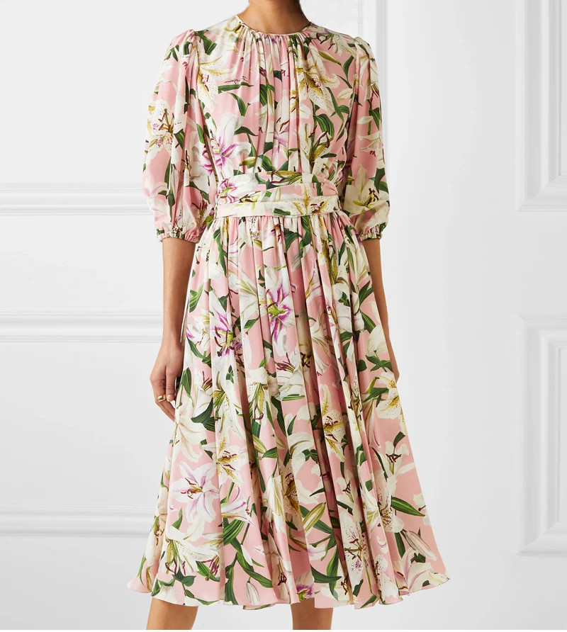 

2019 Autumn New Customize Made Women Casual Plus Size 3XS-10XL O Neck Half Sleeve Floral Printing A Line Dress Pink/Black