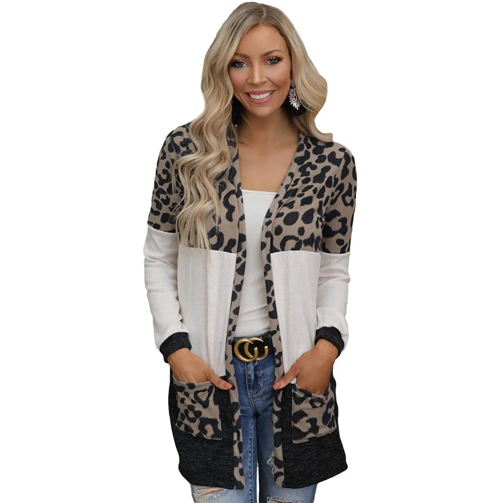 

Hoodies Women Autumn And Winter 2021 New Leopard Print Knitted Mid-Length Pocket Long-Sleeved Fashion Jacket T212