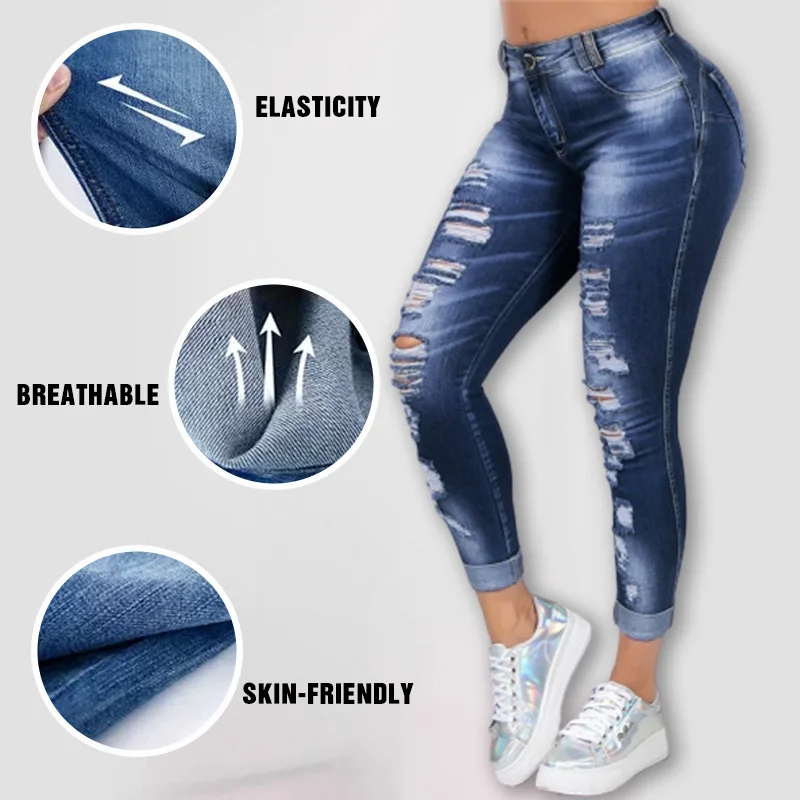 

High Waist Skinny Ripped Jeans For Women 2020 Stretch Hole Pencil Pants Bleached Denim Jeans Korean Casual Trousers Black