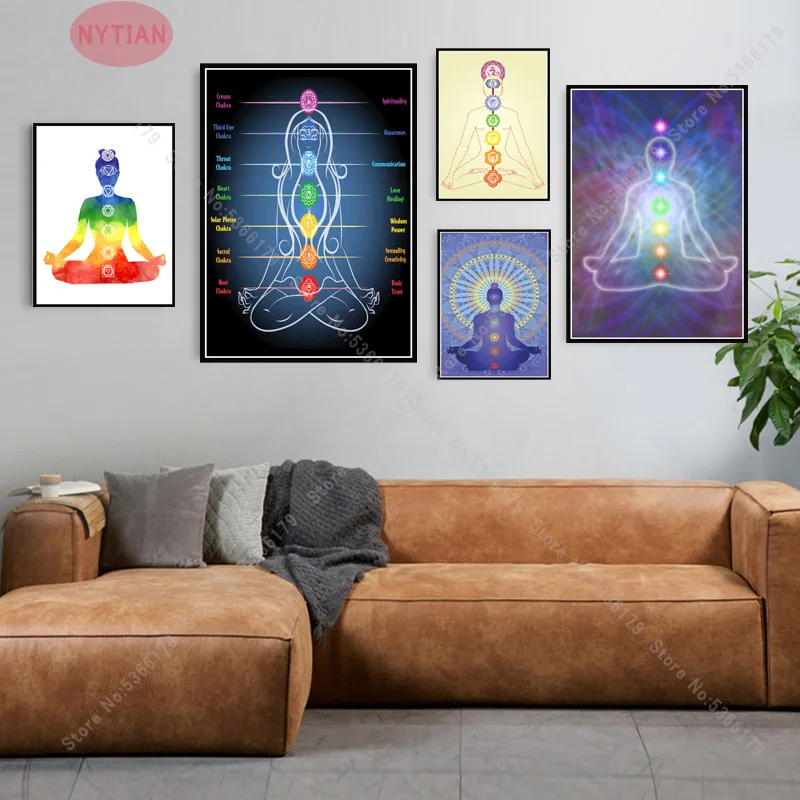 NT503 Psychedelic черный свет диаграмма семь чакр Йога картина маслом постер настенная