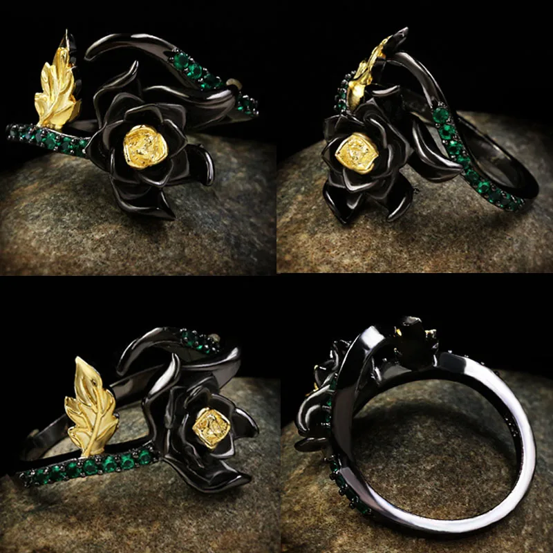 

MFY Vintage Black Flower with Golden Leaves Inlaid Green Crystal Rhinestone Opening Copper Ring for Women Party Jewelry