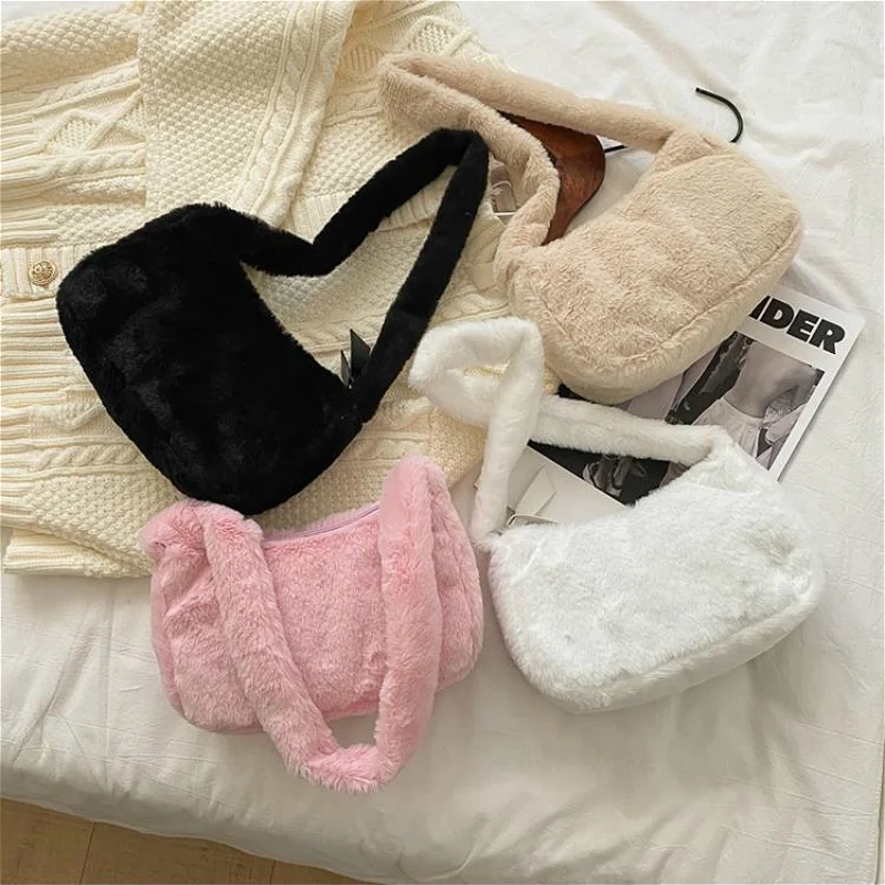 

Simple Design Women Soft Plush Hobos Shoulder Bags Winter Furry Ladies Clutch Purse Handbag Fashion Female Baguette Underarm Bag