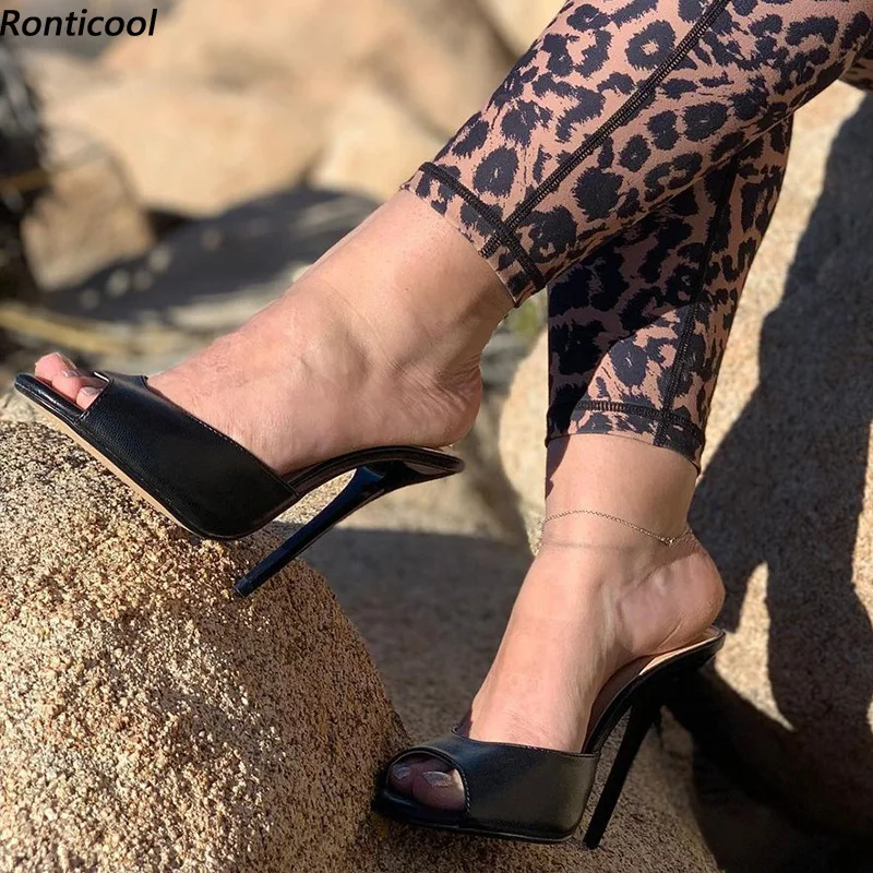 

Ronticool Handmade Women Summer Mules Sandals Slippers Sexy Stiletto Heels Peep Toe Elegant Black Casual Shoes US Size 5-15