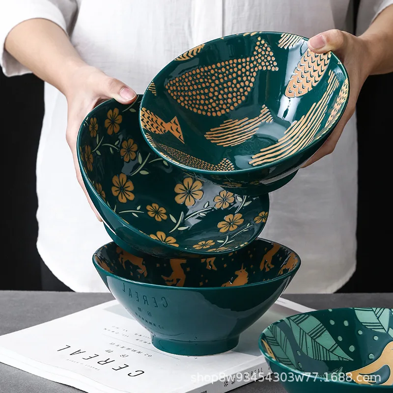 

Japanese 8-inch commercial noodle shop ceramic large ramen bowl household instant noodle soup bowl with high bamboo bowl