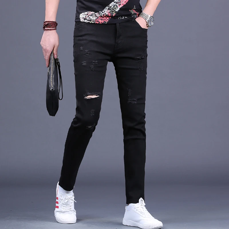 Summer Thin Black Ripped Jeans Men Streetwear Holes Slim Fit Pencil Pants