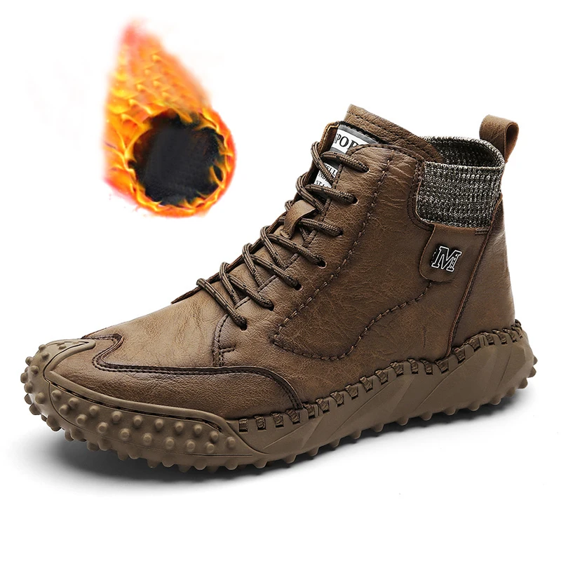 Мужские кожаные ботинки ручной работы коричневые теплые на толстой плюшевой