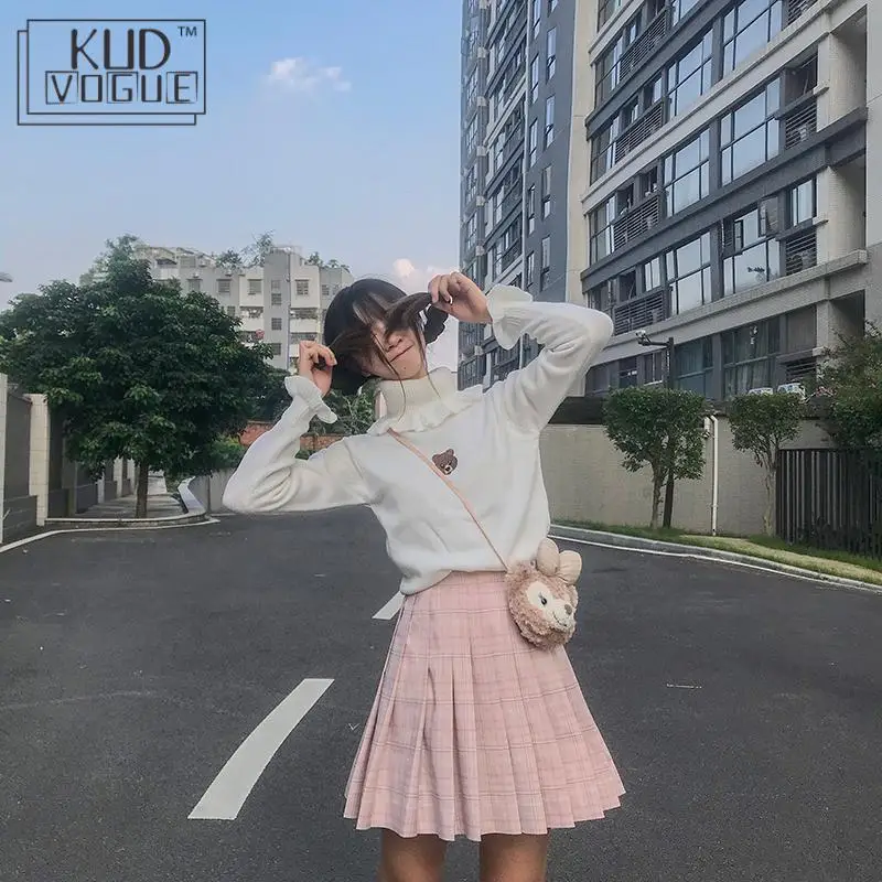 Harajuku Kawaii High Neck Sweater Korean Vintage Pullover Women Jumper Knitted Turtleneck Ruffle Cute Bear Slim Black | Женская одежда