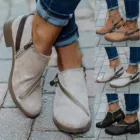 Ботильоны женские на низком каблуке, однотонные, с круглым носком, на молнии, с ремешком, ботинки без каблука, большие размеры, короткая обувь