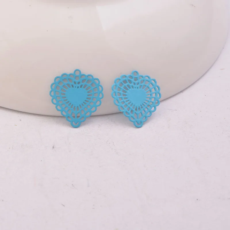 Turquoise Blue 100 шт. AC2575 латунные маленькие подвески в виде сердца, красочные филигранные серьги, металлические украшения, материалы для самостоятельного изготовления украшений 14 мм* 15 мм - Окраска металла: Turquoise Blue