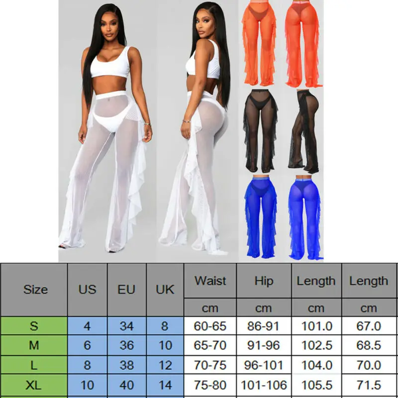 

Women Beach Pants See Through Sheer Mesh Ruffle Beach Cover Up Pants Solid Beachwear Women Swimwear Swimsuit Cover Up Trousers