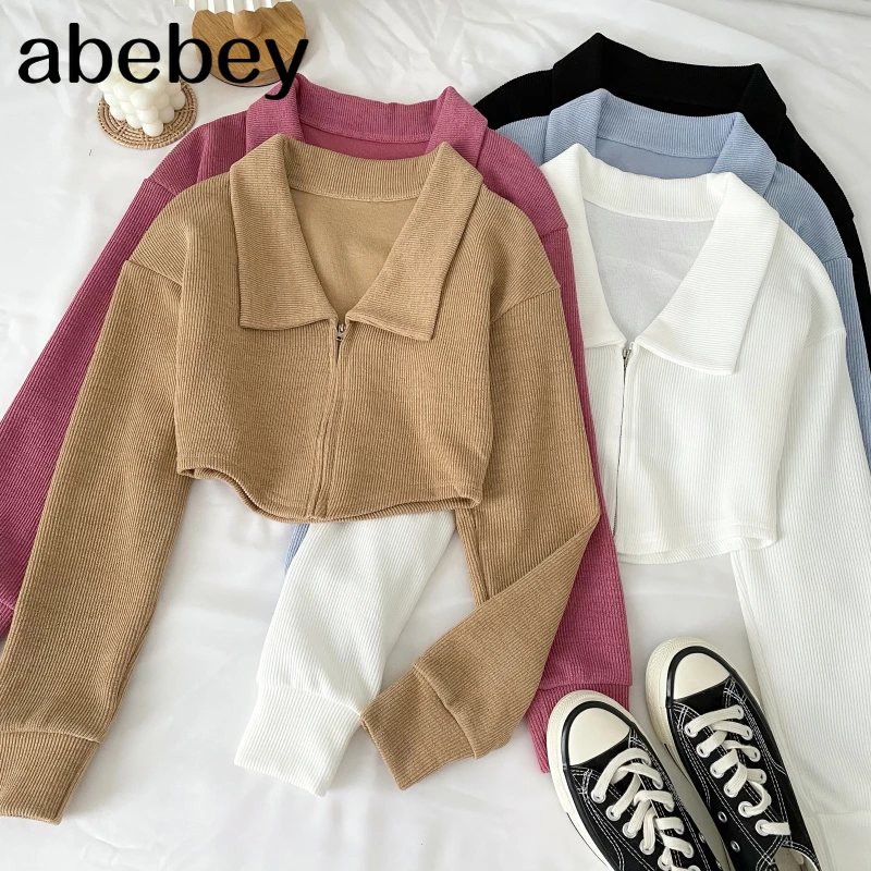 

Vintage turn down collar long sleeve T-Shirt zipper design short solid color off navel T-Shirt Top 2021 New Autumn Winter