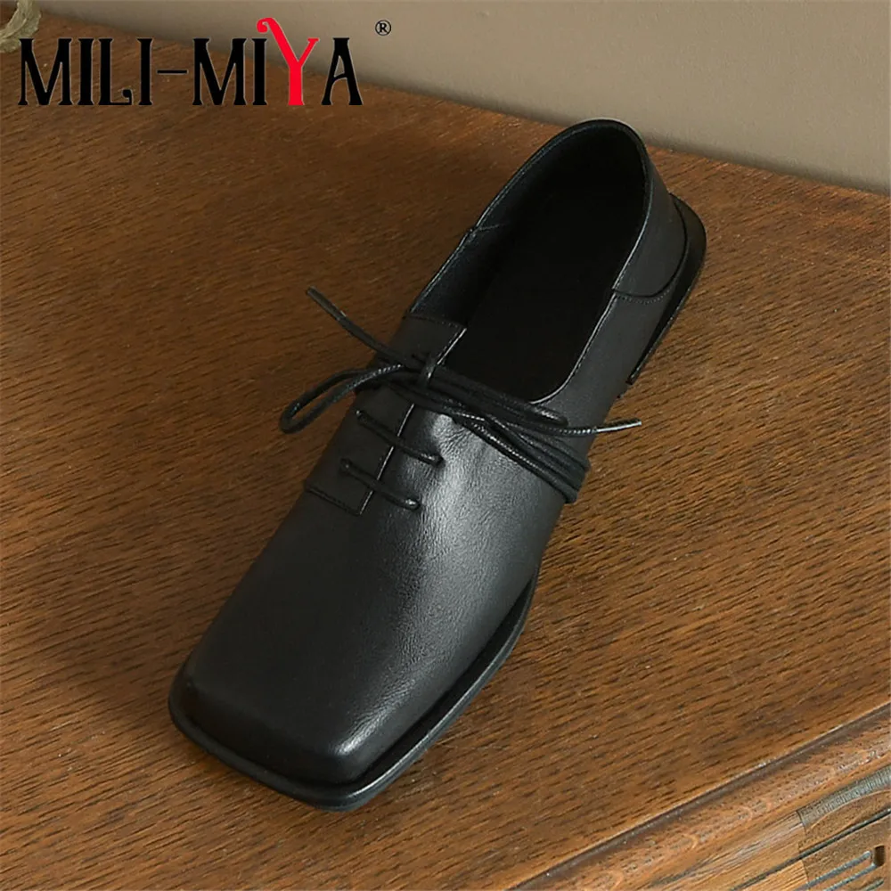 

MILI-MIYA New Sweet Pumps Lace Up Fashion Square Toe Mid Heel High Quality Cow Leather Classic British Style Black Beige Shoes