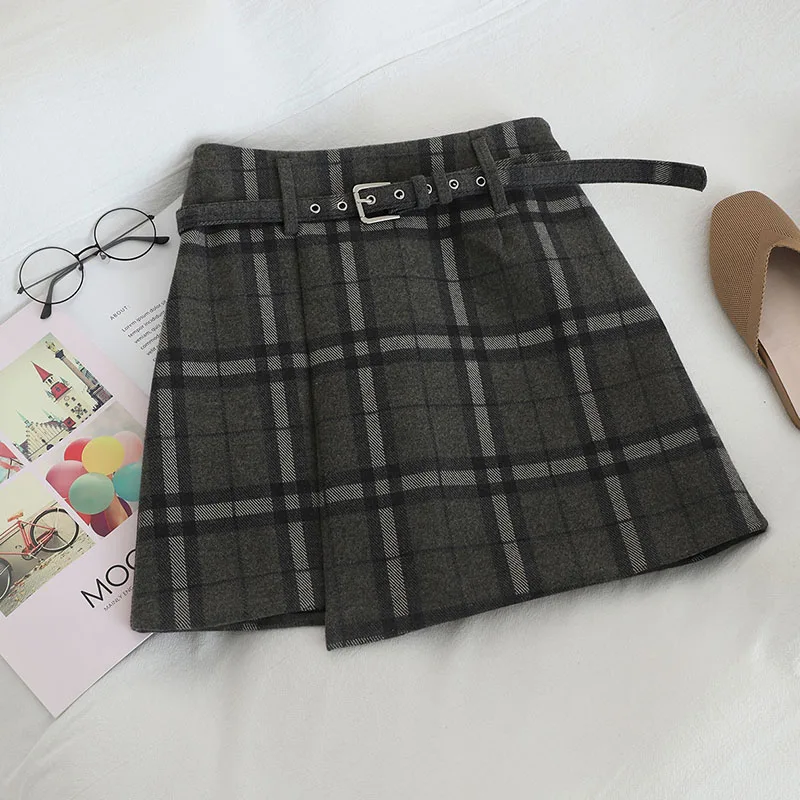 HELIAR Preppy Plaid Woolen Shorts With Pocket Women Sashes Shorts Wide Leg Outwear Shorts Fall Winter Street Shorts Women - Цвет: GREY
