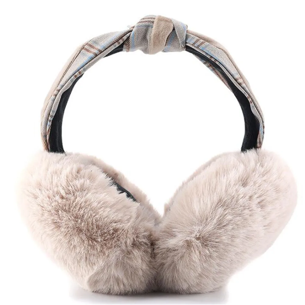 Женские однотонные наушники из искусственного меха с клетчатым твидовым бантом