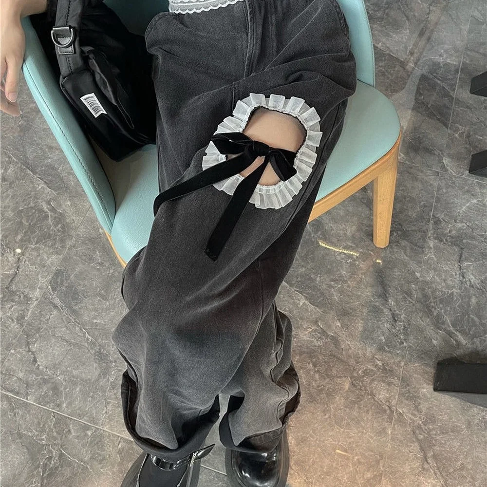 

Gothic High Waist Denim Pants Women Chic Ruffles Lace Up Broken Hole Wide Leg Pants Jeans Female Harajuku Y2K Straight Trousers