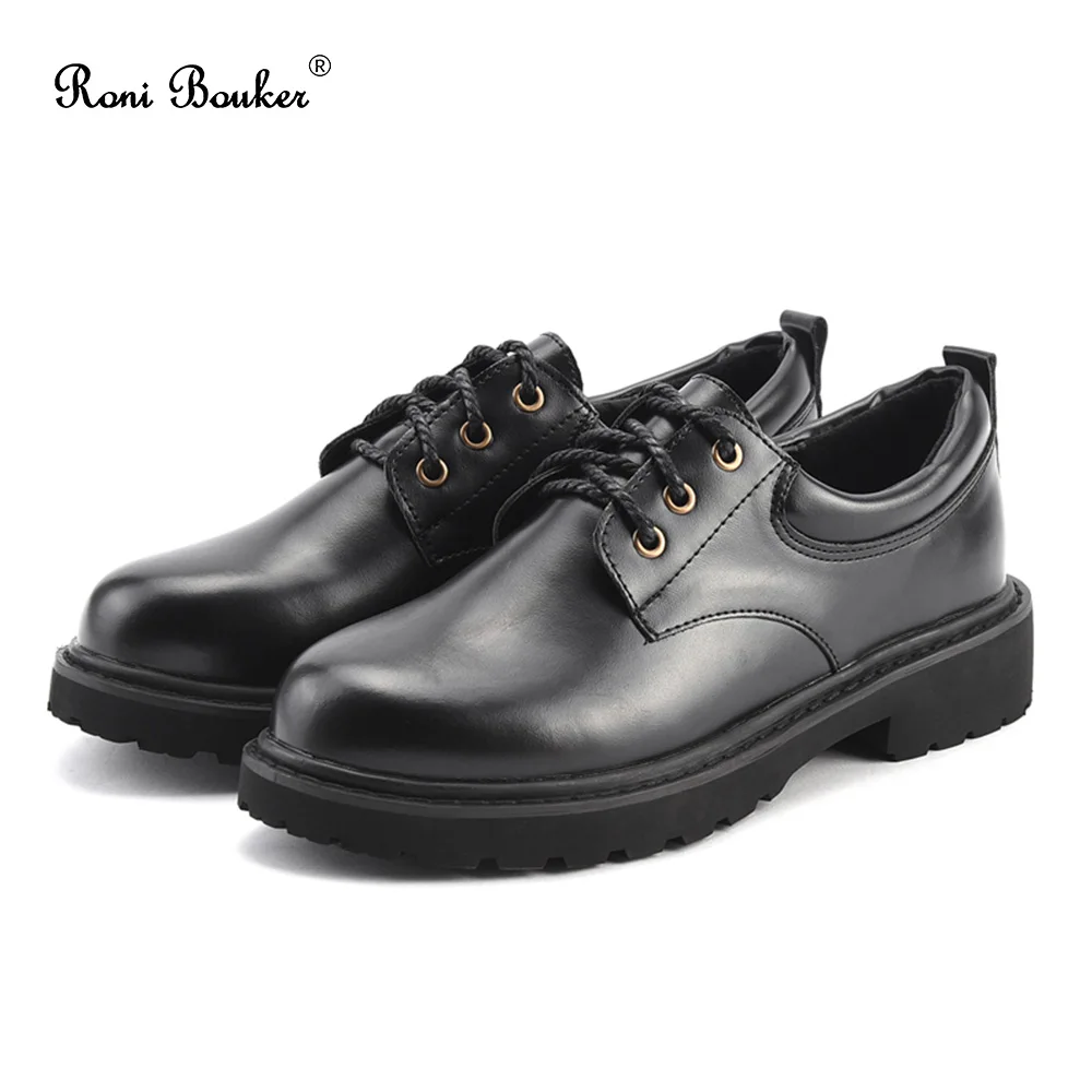 

Roni Bouker High Quality Spring Women Oxfords Pumps Shoes Woman Black Leather Lace-up Comfort Round Toe Female Big Size Loafers