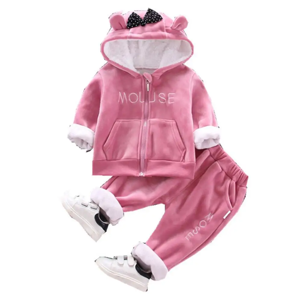 pink Теплый комплект одежды для маленьких девочек, зимние комплекты одежды из толстого плюша и хлопка для маленьких девочек, толстовки и штаны Детский комплект детская одежда - Цвет: pink