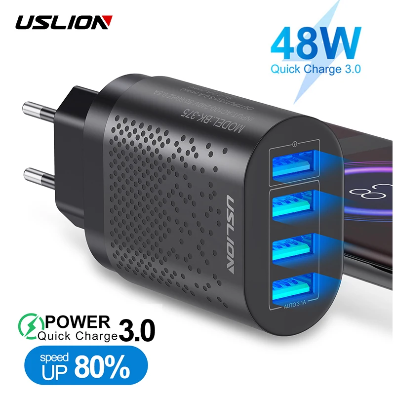 

USLION 48W 4 Ports LED 3A Quick USB Charger For iPhone Micro Type C QC3.0 Fast Wall Charger For Samsung Mobile Phone Charger