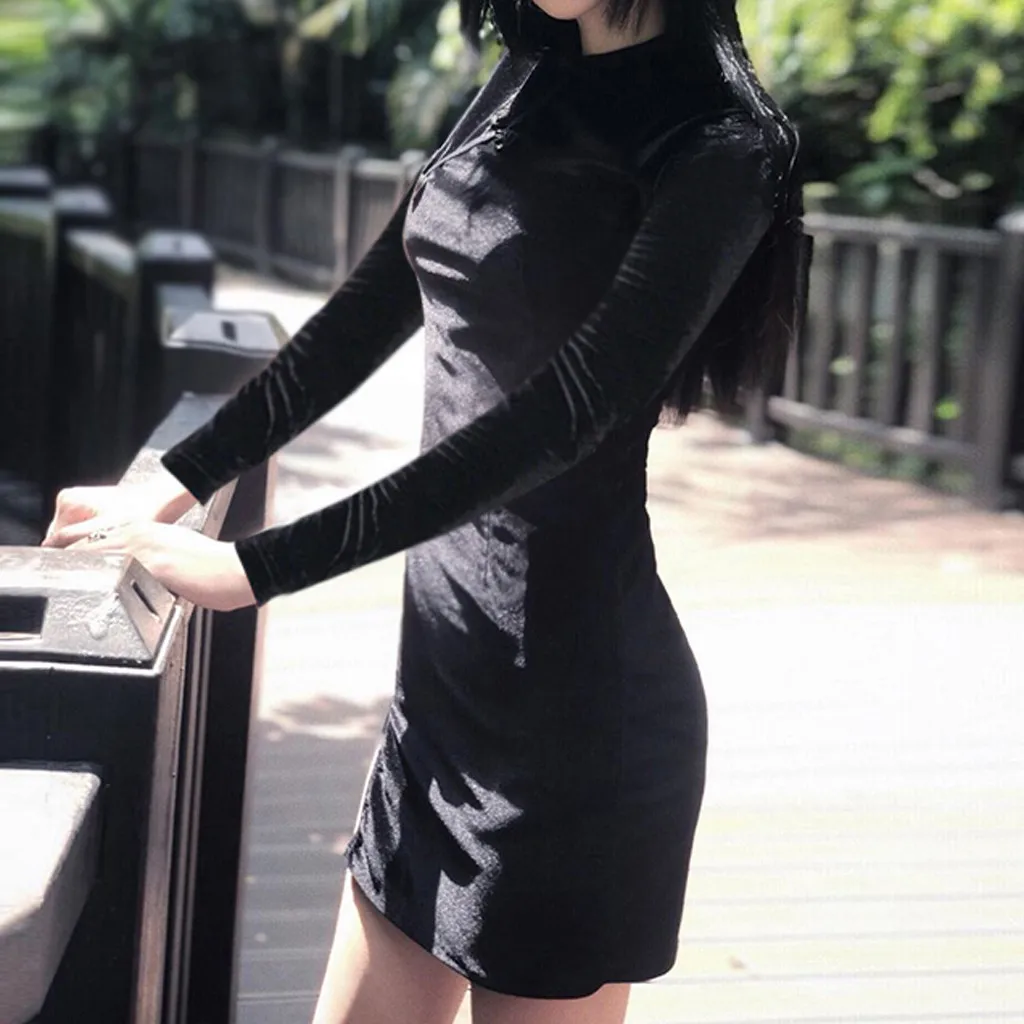Grunge Punk Womens Dress Harajuku Button Pleated Autumn 2020 Dark Black Gothic Female Dresses Long Sleeve Vintage Tunic | Женская одежда