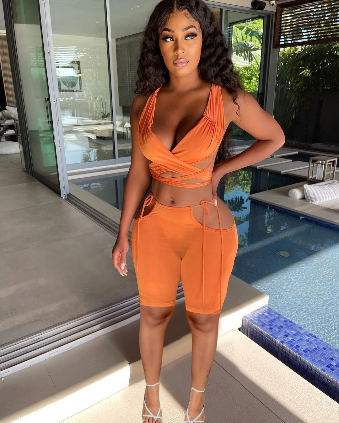 

Women's new fashion features cross straps multi color solid color ladies casual sexy two piece summer