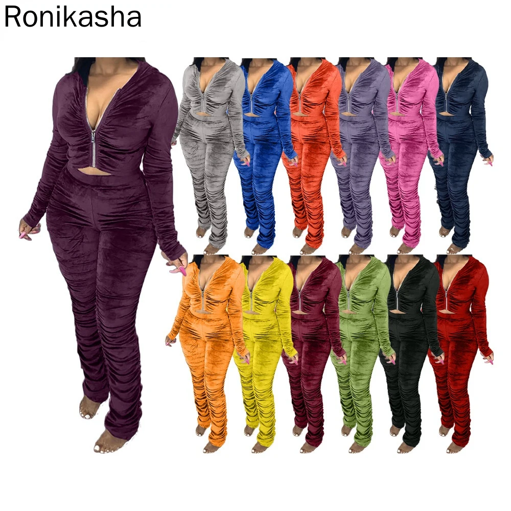 

Ronikasha Women Velour Sweatsuits Sexy Ruched 2 Piece Outfits Hoodie Jackets Sweatpants Joggers Sets Velvet Track Suits