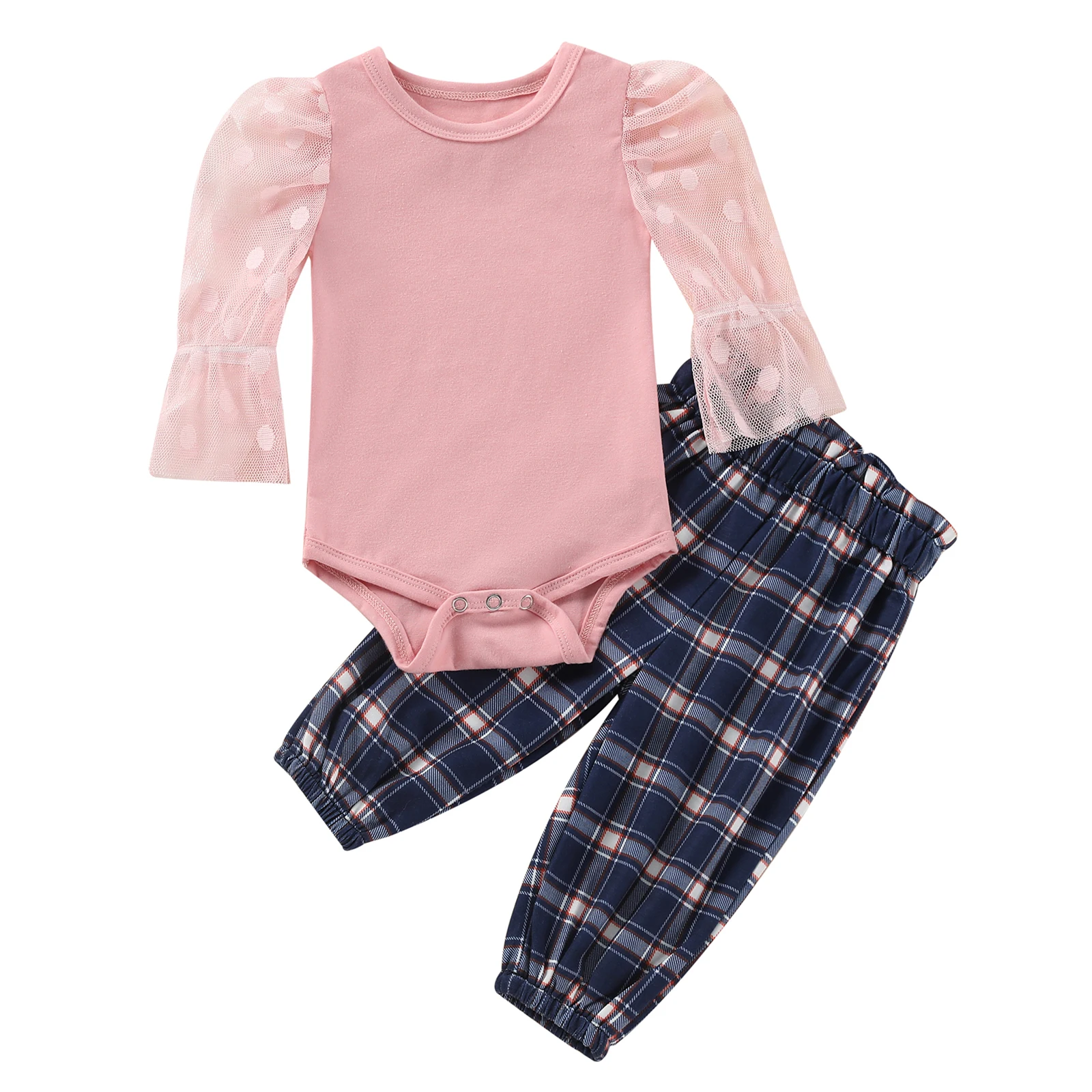 

Baby Girls Two-piece Clothes Set, Pink Round Collar Long Sleeves Romper and Plaid Printed Pattern Trousers